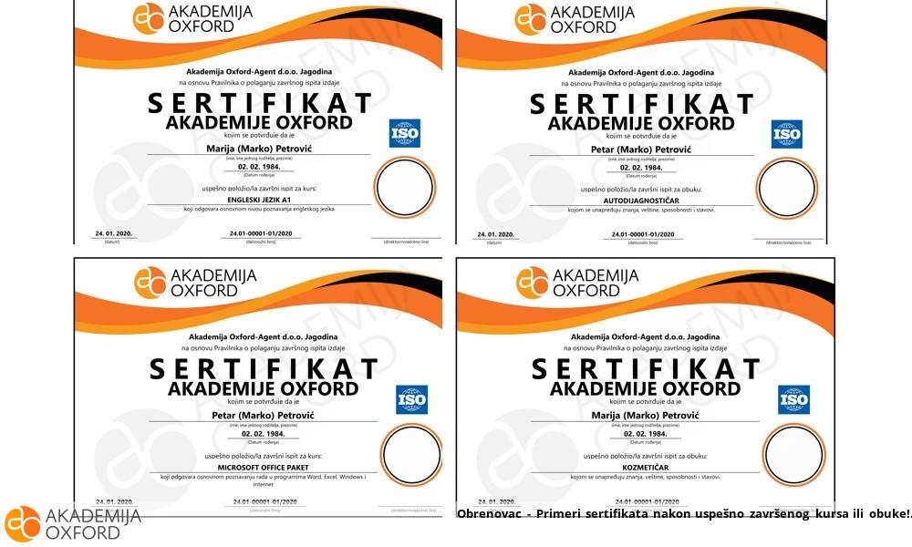 Obrenovac - Primeri sertifikata nakon uspešno završenog kursa ili obuke! Obrenovac - Primeri sertifikata nakon uspešno završenog kursa ili obuke!